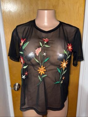 Zara Black Sheer Mesh Short Sleeve Top with Multicolor Floral Embroidery